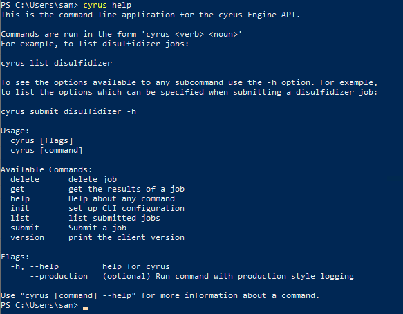 A screenshot of the output of the cyrus help command. it shows basic usage instructions for the application